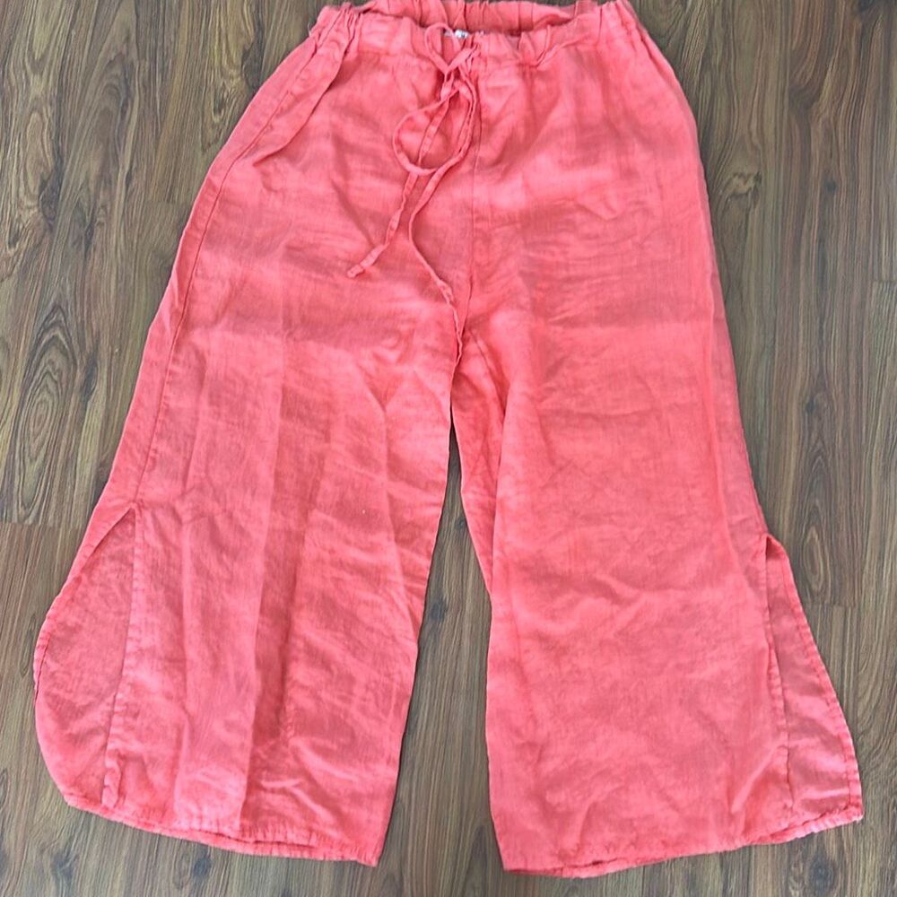 Gigi Moda 100% linen made in Italy salmon peach wide leg Palazo pants with slit